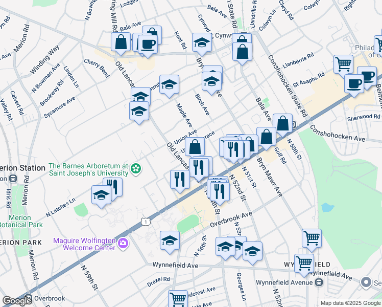 map of restaurants, bars, coffee shops, grocery stores, and more near 44 Oakland Terrace in Bala Cynwyd