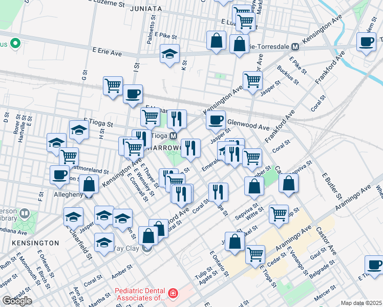 map of restaurants, bars, coffee shops, grocery stores, and more near 3514 Jasper Street in Philadelphia