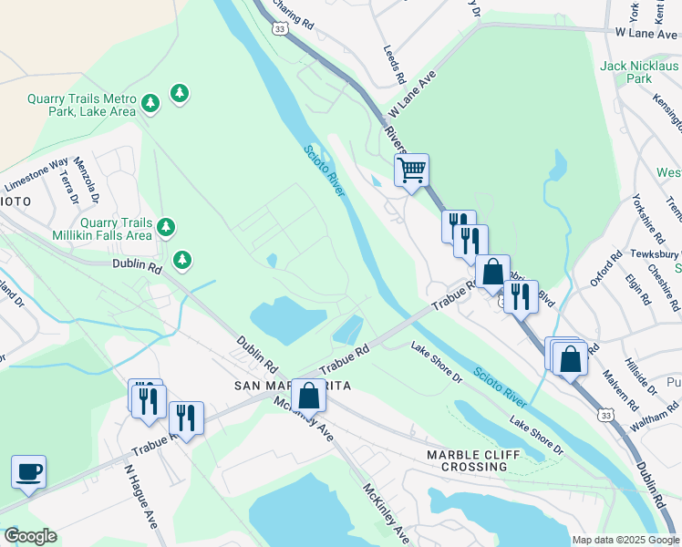 map of restaurants, bars, coffee shops, grocery stores, and more near 2295 Lane Woods Drive in Columbus