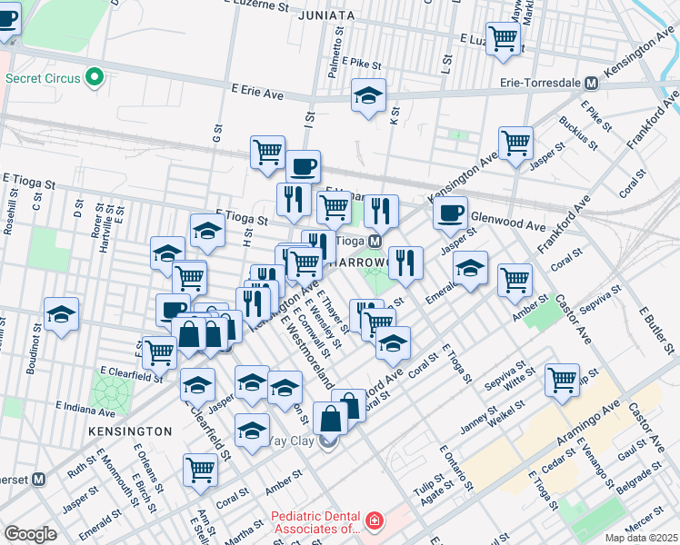 map of restaurants, bars, coffee shops, grocery stores, and more near 3415 Kensington Avenue in Philadelphia