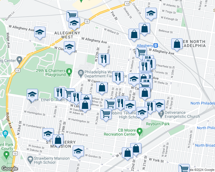 map of restaurants, bars, coffee shops, grocery stores, and more near 2861 North Bambrey Street in Philadelphia