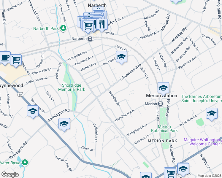 map of restaurants, bars, coffee shops, grocery stores, and more near 351 Woodley Road in Merion Station