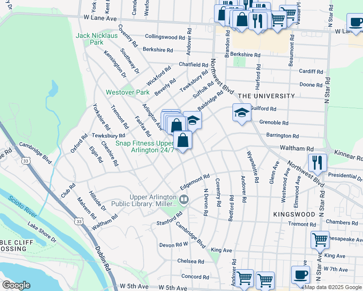 map of restaurants, bars, coffee shops, grocery stores, and more near 2096 Arlington Avenue in Upper Arlington