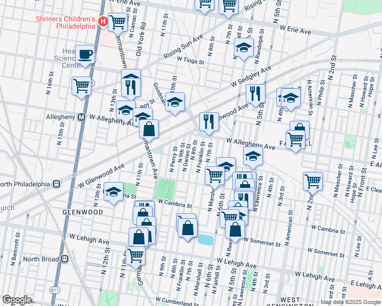 map of restaurants, bars, coffee shops, grocery stores, and more near 3114 North 8th Street in Philadelphia