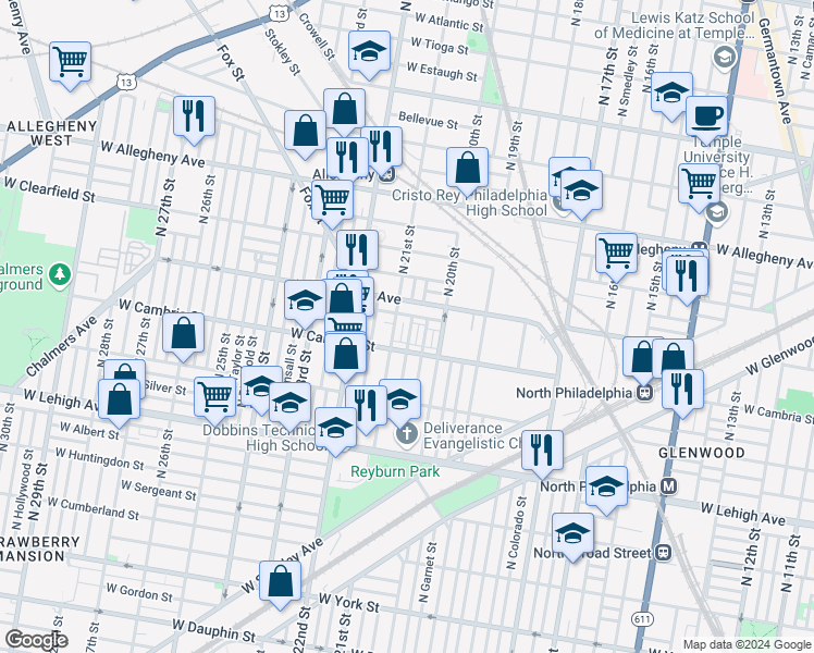 map of restaurants, bars, coffee shops, grocery stores, and more near 2930 North Lambert Street in Philadelphia