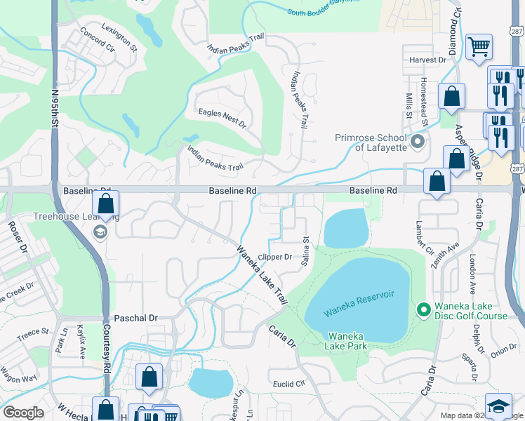 map of restaurants, bars, coffee shops, grocery stores, and more near 2103 North Fork Drive in Lafayette