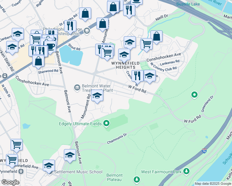 map of restaurants, bars, coffee shops, grocery stores, and more near 4068 Balwynne Park Road in Philadelphia