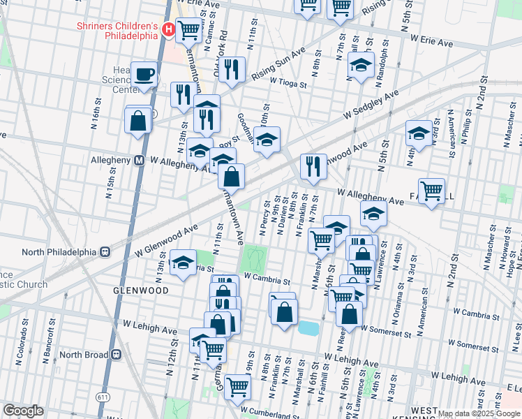 map of restaurants, bars, coffee shops, grocery stores, and more near 3105 North Hutchinson Street in Philadelphia