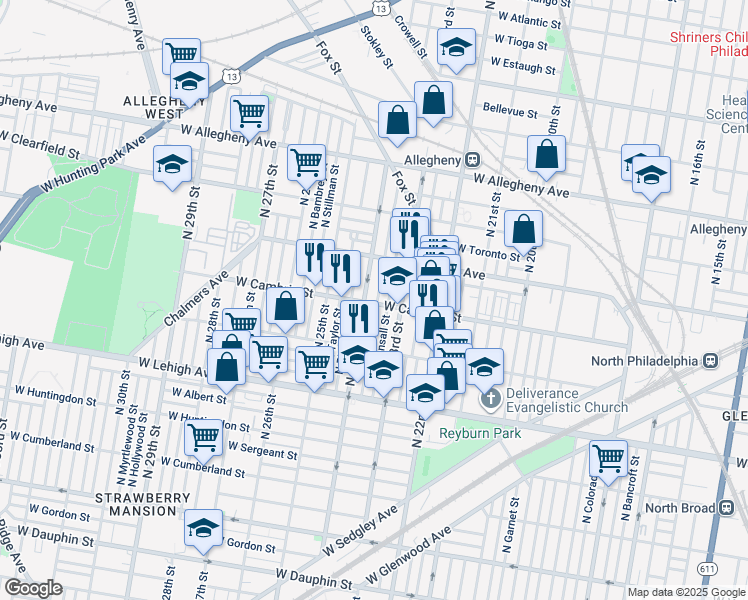 map of restaurants, bars, coffee shops, grocery stores, and more near 2900 North Judson Street in Philadelphia