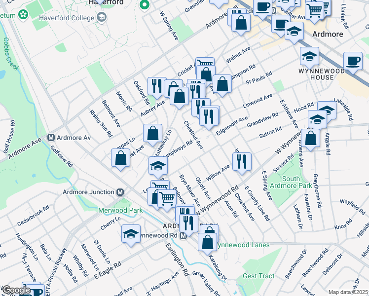 map of restaurants, bars, coffee shops, grocery stores, and more near 763 Humphreys Road in Ardmore
