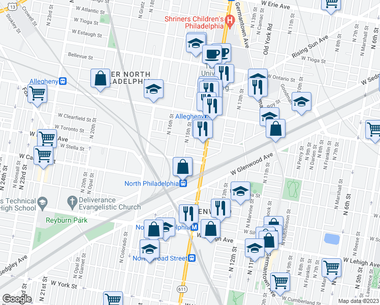 map of restaurants, bars, coffee shops, grocery stores, and more near 1437 West Mayfield Street in Philadelphia