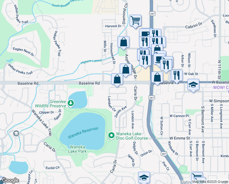 map of restaurants, bars, coffee shops, grocery stores, and more near 1379 Lambert Circle in Lafayette