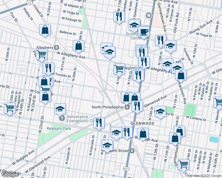map of restaurants, bars, coffee shops, grocery stores, and more near 1615 West Indiana Avenue in Philadelphia
