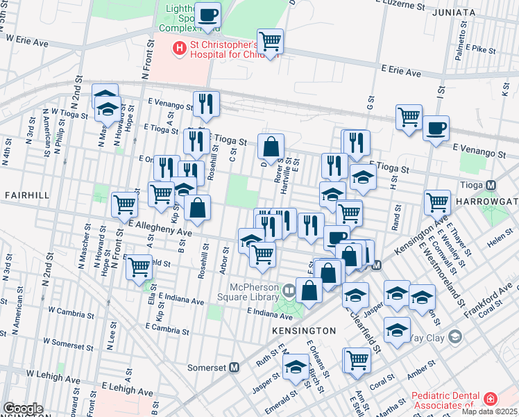 map of restaurants, bars, coffee shops, grocery stores, and more near 501 East Westmoreland Street in Philadelphia