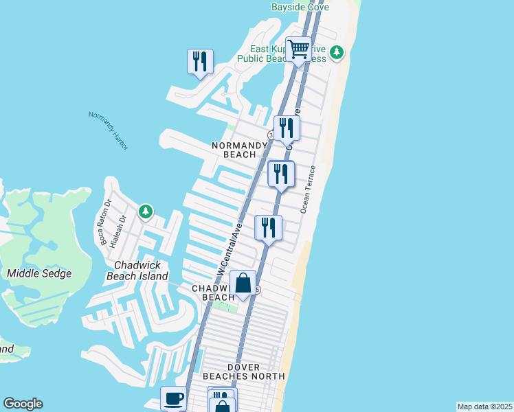 map of restaurants, bars, coffee shops, grocery stores, and more near 111 West 1st Street in Toms River