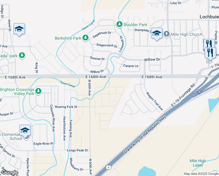map of restaurants, bars, coffee shops, grocery stores, and more near 21770-21898 East 168th Avenue in Lochbuie