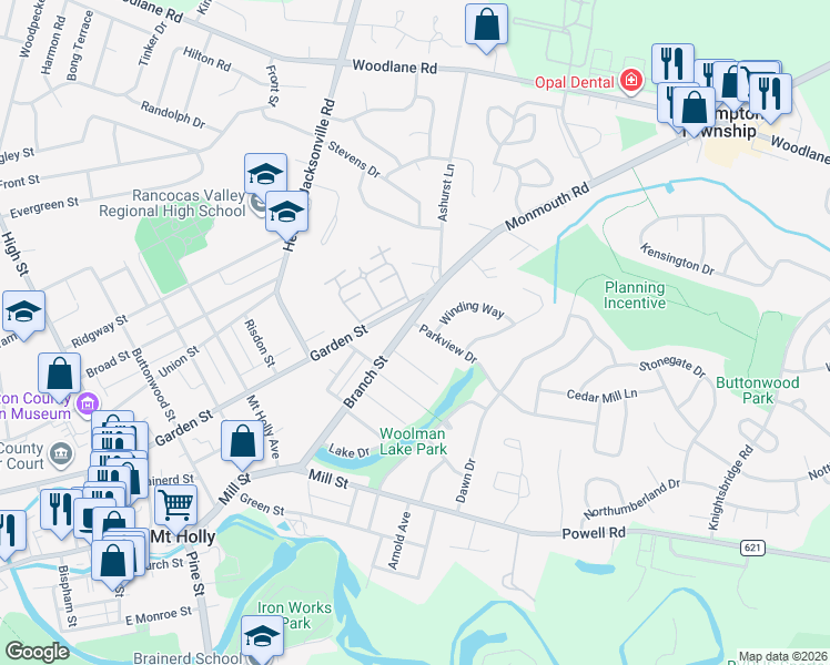 map of restaurants, bars, coffee shops, grocery stores, and more near 400 Parkview Drive in Mount Holly