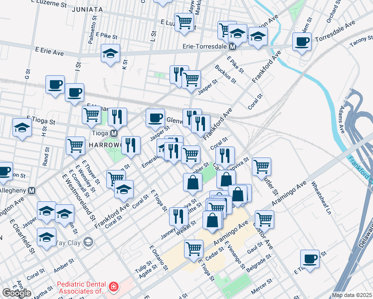 map of restaurants, bars, coffee shops, grocery stores, and more near 3634 Frankford Avenue in Philadelphia