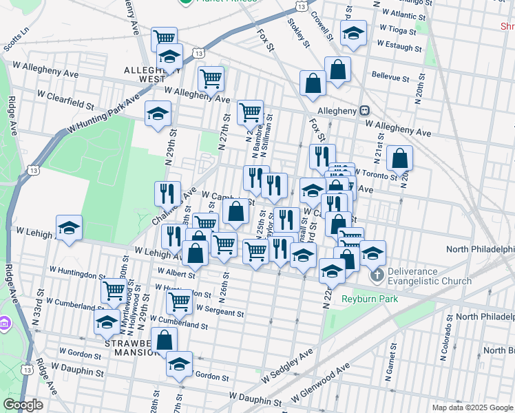 map of restaurants, bars, coffee shops, grocery stores, and more near 2852 North Stillman Street in Philadelphia