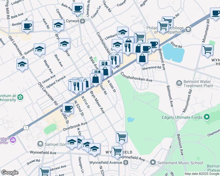 map of restaurants, bars, coffee shops, grocery stores, and more near 2438 1/2 North 50th Street in Philadelphia