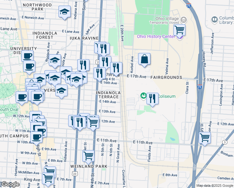 map of restaurants, bars, coffee shops, grocery stores, and more near 415 East 15th Avenue in Columbus