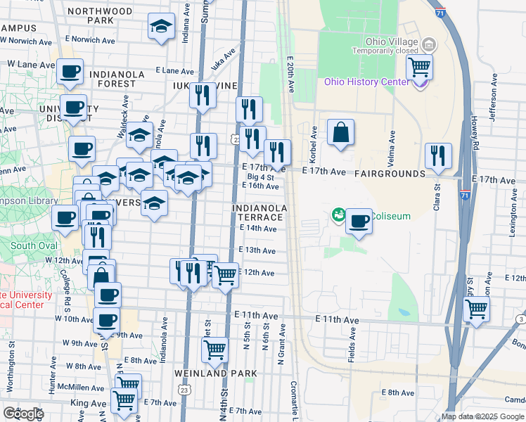 map of restaurants, bars, coffee shops, grocery stores, and more near 415 East 15th Avenue in Columbus