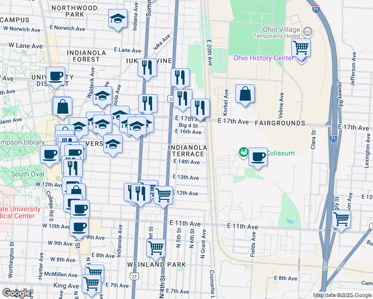 map of restaurants, bars, coffee shops, grocery stores, and more near in Columbus