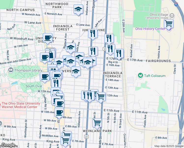 map of restaurants, bars, coffee shops, grocery stores, and more near in Columbus