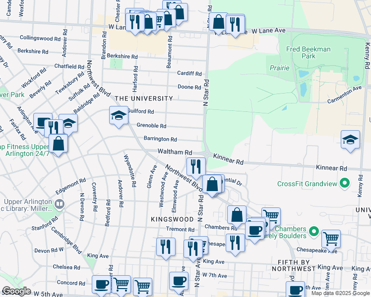 map of restaurants, bars, coffee shops, grocery stores, and more near 1566 Waltham Road in Upper Arlington