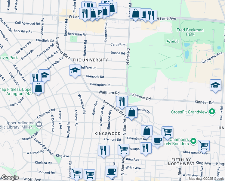 map of restaurants, bars, coffee shops, grocery stores, and more near 1566 Waltham Road in Upper Arlington