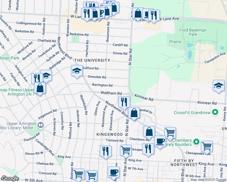 map of restaurants, bars, coffee shops, grocery stores, and more near 1566 Waltham Road in Upper Arlington