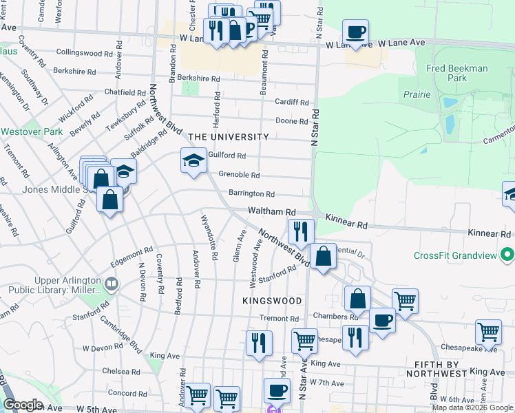 map of restaurants, bars, coffee shops, grocery stores, and more near 1607 Waltham Road in Columbus
