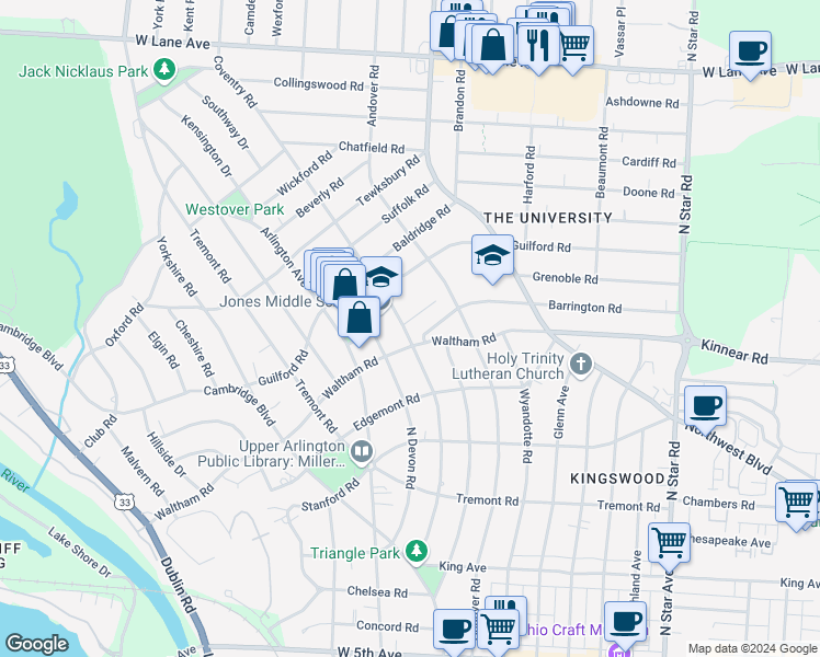 map of restaurants, bars, coffee shops, grocery stores, and more near 2070 North Devon Road in Columbus
