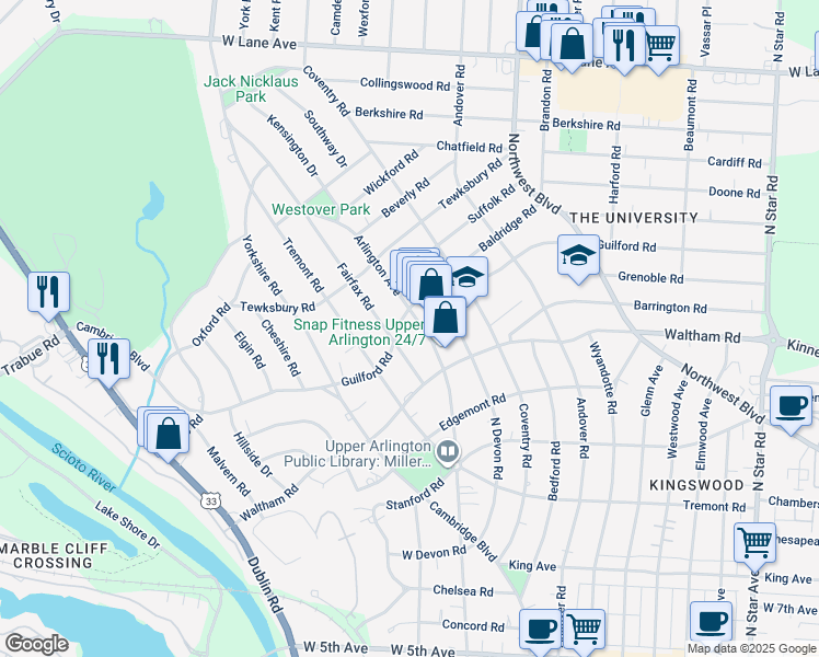 map of restaurants, bars, coffee shops, grocery stores, and more near 2025 Guilford Road in Columbus
