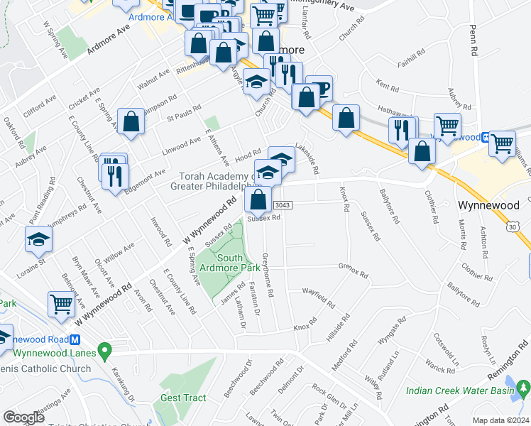 map of restaurants, bars, coffee shops, grocery stores, and more near 1309 Sussex Road in Wynnewood