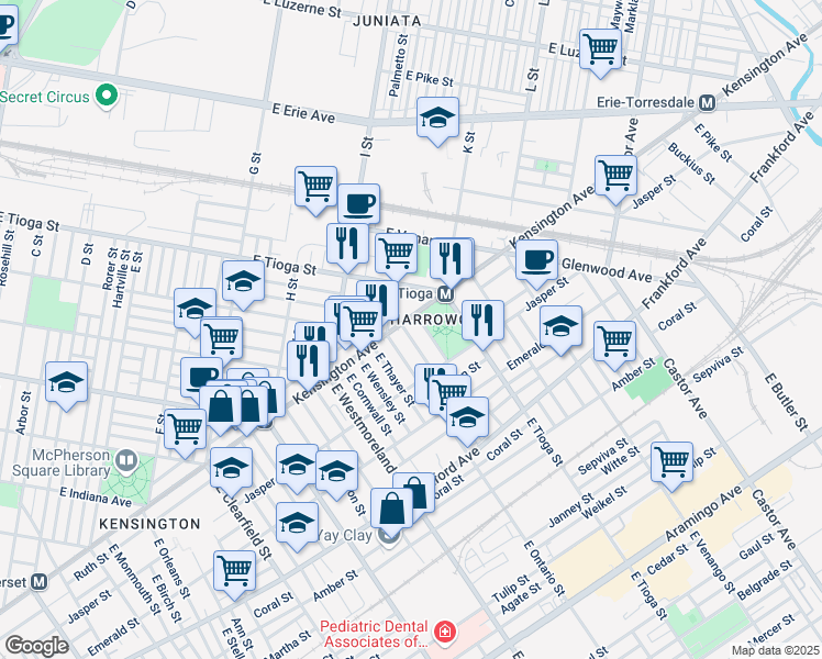 map of restaurants, bars, coffee shops, grocery stores, and more near 1802 East Russell Street in Philadelphia