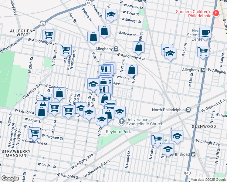 map of restaurants, bars, coffee shops, grocery stores, and more near 2929 North Van Pelt Street in Philadelphia