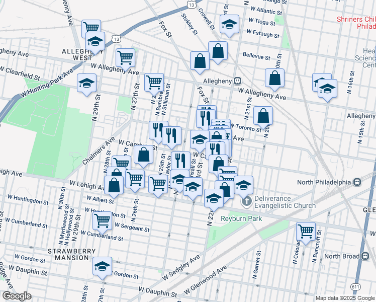 map of restaurants, bars, coffee shops, grocery stores, and more near 2910 North Judson Street in Philadelphia