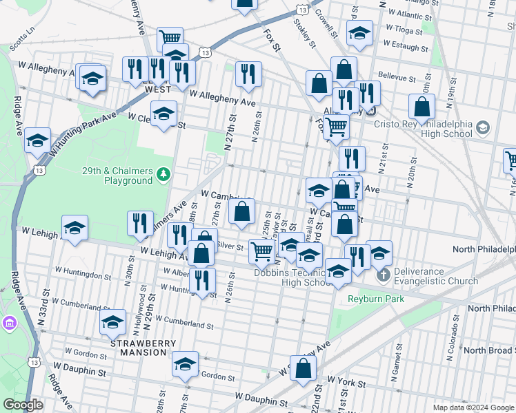 map of restaurants, bars, coffee shops, grocery stores, and more near 2862 North Stillman Street in Philadelphia