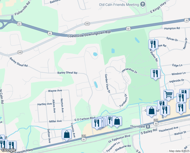 map of restaurants, bars, coffee shops, grocery stores, and more near 2627 Barclay Street in Coatesville