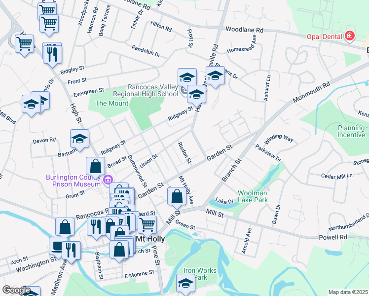 map of restaurants, bars, coffee shops, grocery stores, and more near 137 Risdon Street in Mount Holly