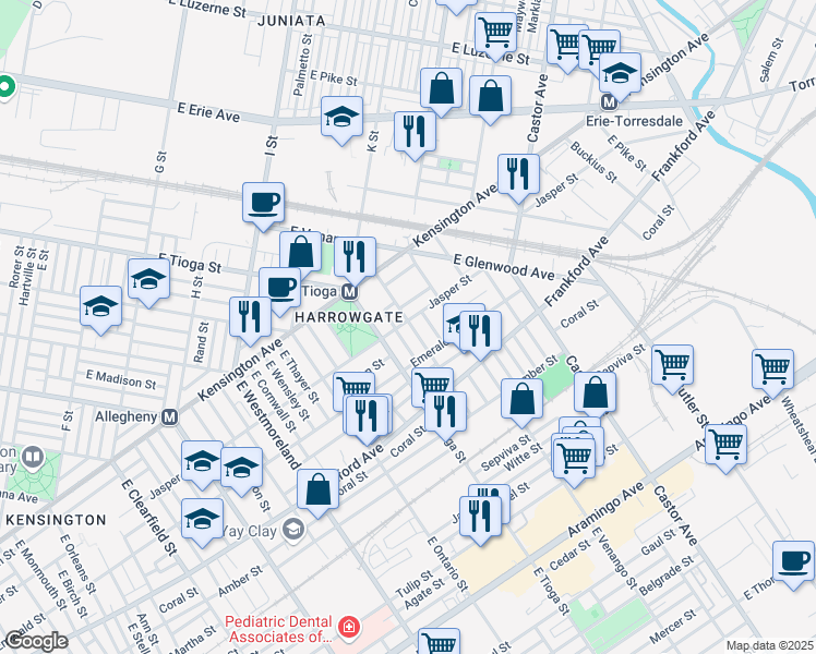 map of restaurants, bars, coffee shops, grocery stores, and more near 3537 Jasper Street in Philadelphia
