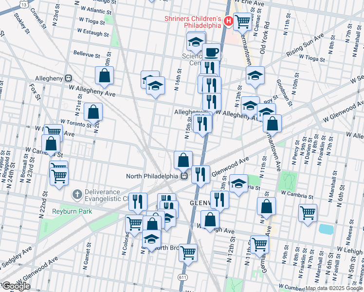 map of restaurants, bars, coffee shops, grocery stores, and more near 3016 North 15th Street in Philadelphia