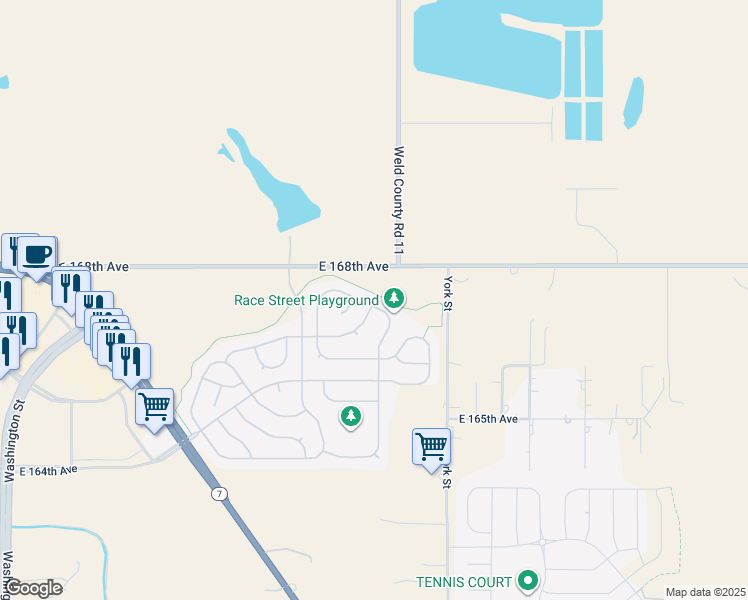 map of restaurants, bars, coffee shops, grocery stores, and more near 2005 East 167th Lane in Thornton