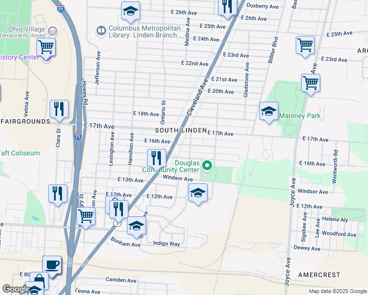 map of restaurants, bars, coffee shops, grocery stores, and more near 1193 East 16th Avenue in Columbus