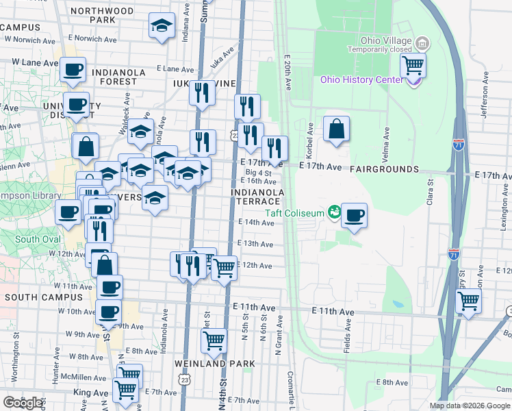 map of restaurants, bars, coffee shops, grocery stores, and more near 393 East 15th Avenue in Columbus