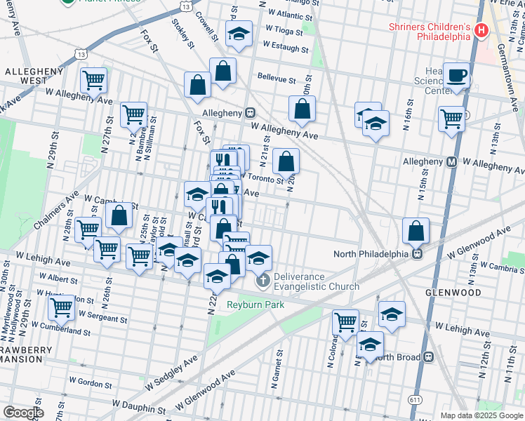 map of restaurants, bars, coffee shops, grocery stores, and more near 2932 North Lambert Street in Philadelphia