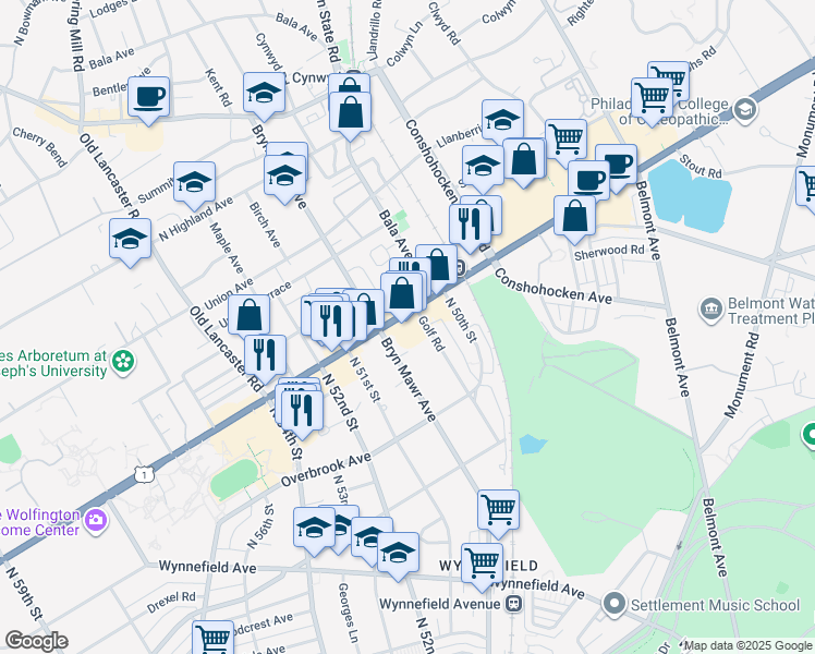 map of restaurants, bars, coffee shops, grocery stores, and more near 5022 City Avenue in Philadelphia