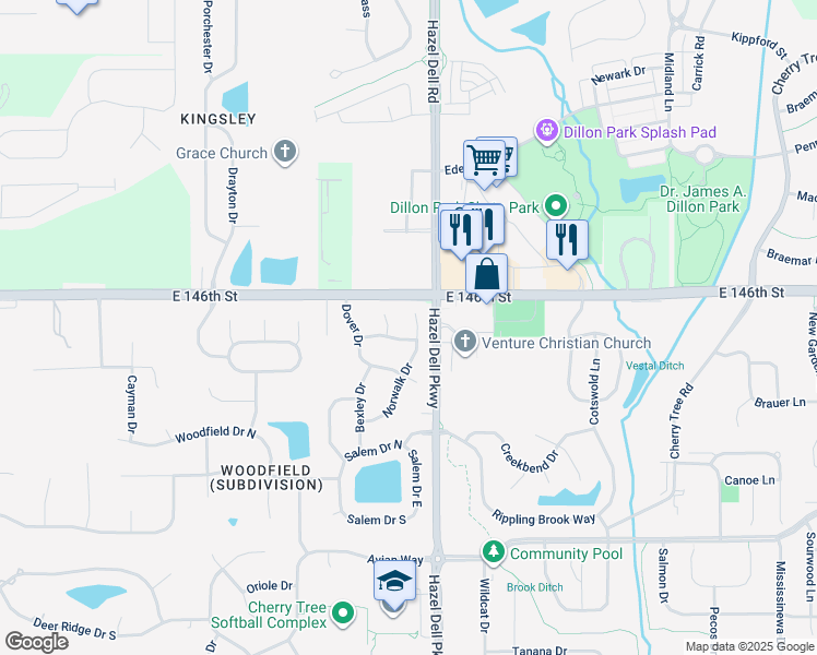 map of restaurants, bars, coffee shops, grocery stores, and more near 14566 Chelsea Court in Carmel