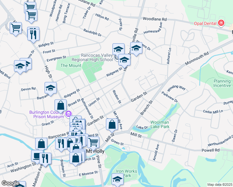map of restaurants, bars, coffee shops, grocery stores, and more near 137 Risdon Street in Mount Holly